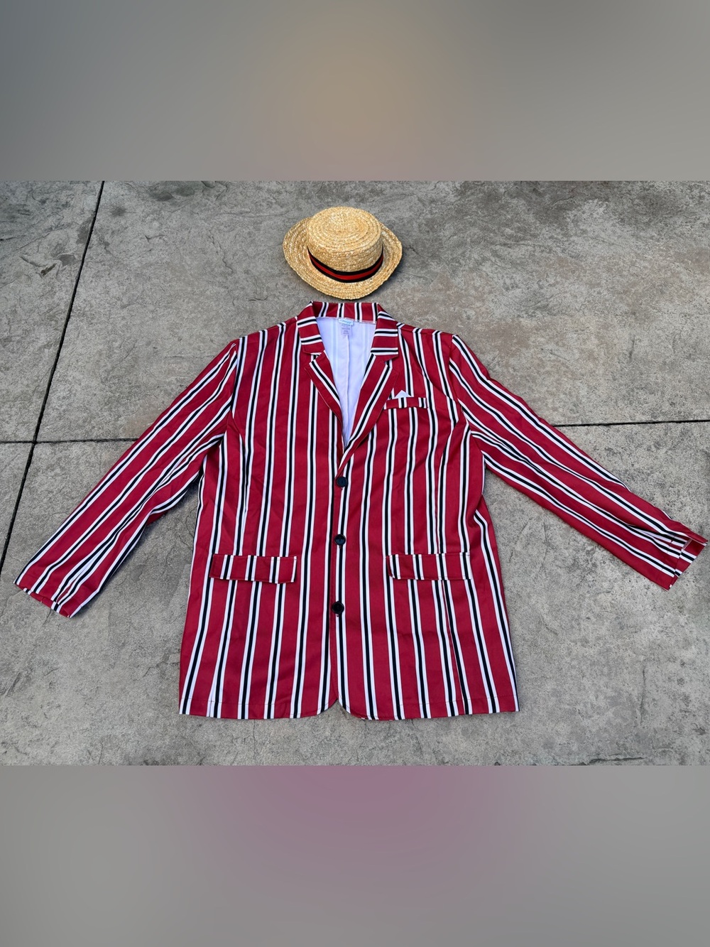 Barbershop Quartet Costume – Red Striped Blazer & Straw Hat – Men’s XL